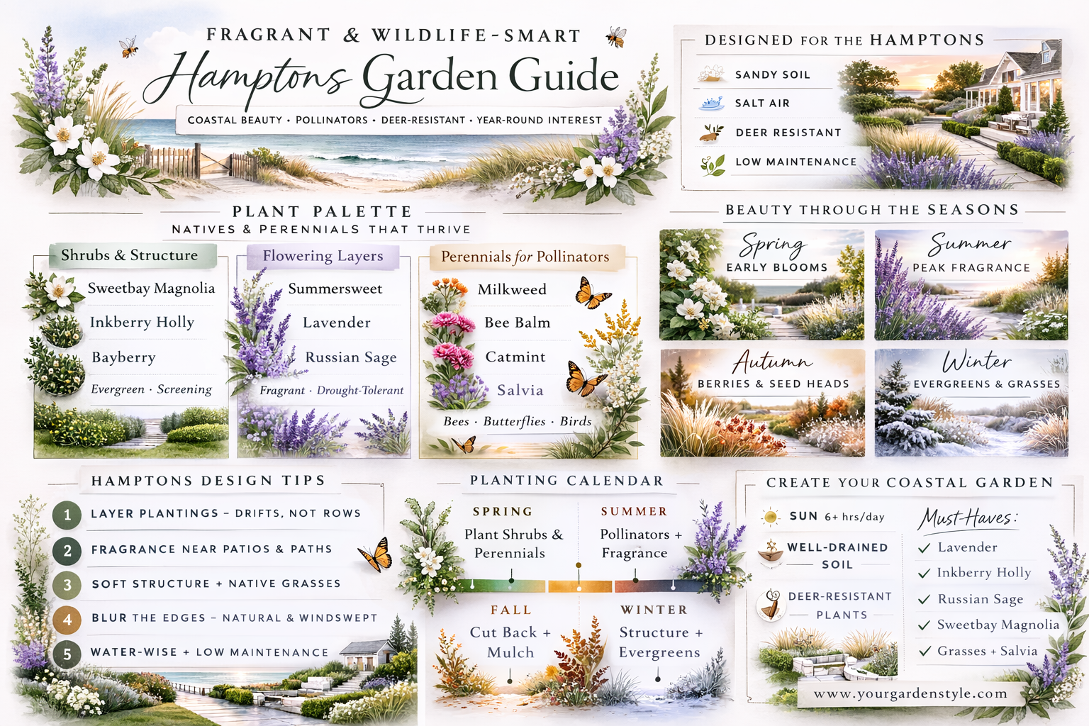 Hamptons Garden Planting Guide Creating a beautiful landscape in the Hamptons requires more than just choosing attractive plants—it requires understanding the unique coastal conditions that define East End gardens. Sandy soils, salt air, wind exposure, and seasonal deer activity all influence which plants will truly thrive. Our Hamptons Garden Guide highlights plant palettes and design strategies commonly used in East Hampton and Southampton landscape design, combining structure, seasonal color, and wildlife-friendly plantings.