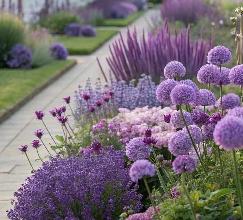 nepeta, salvia, allium, perennial garden in the Hamptons