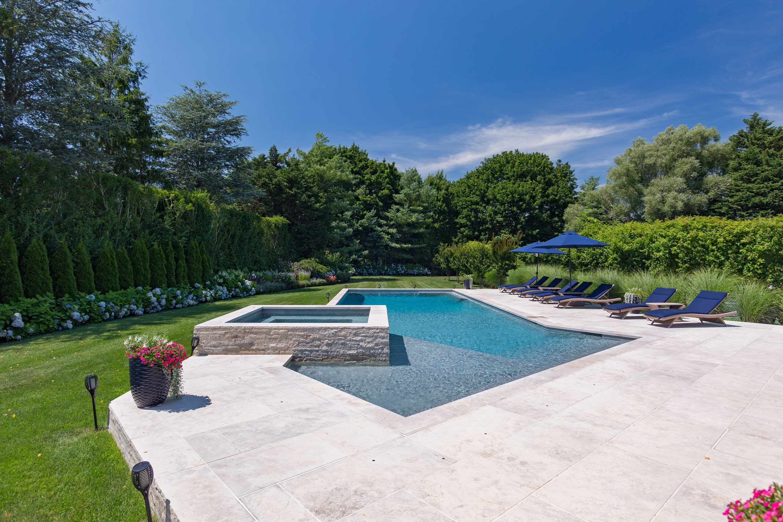 Hamptons poolscape, boxwoods, native plantings, southampton, easthampton, sag harbor,water mill