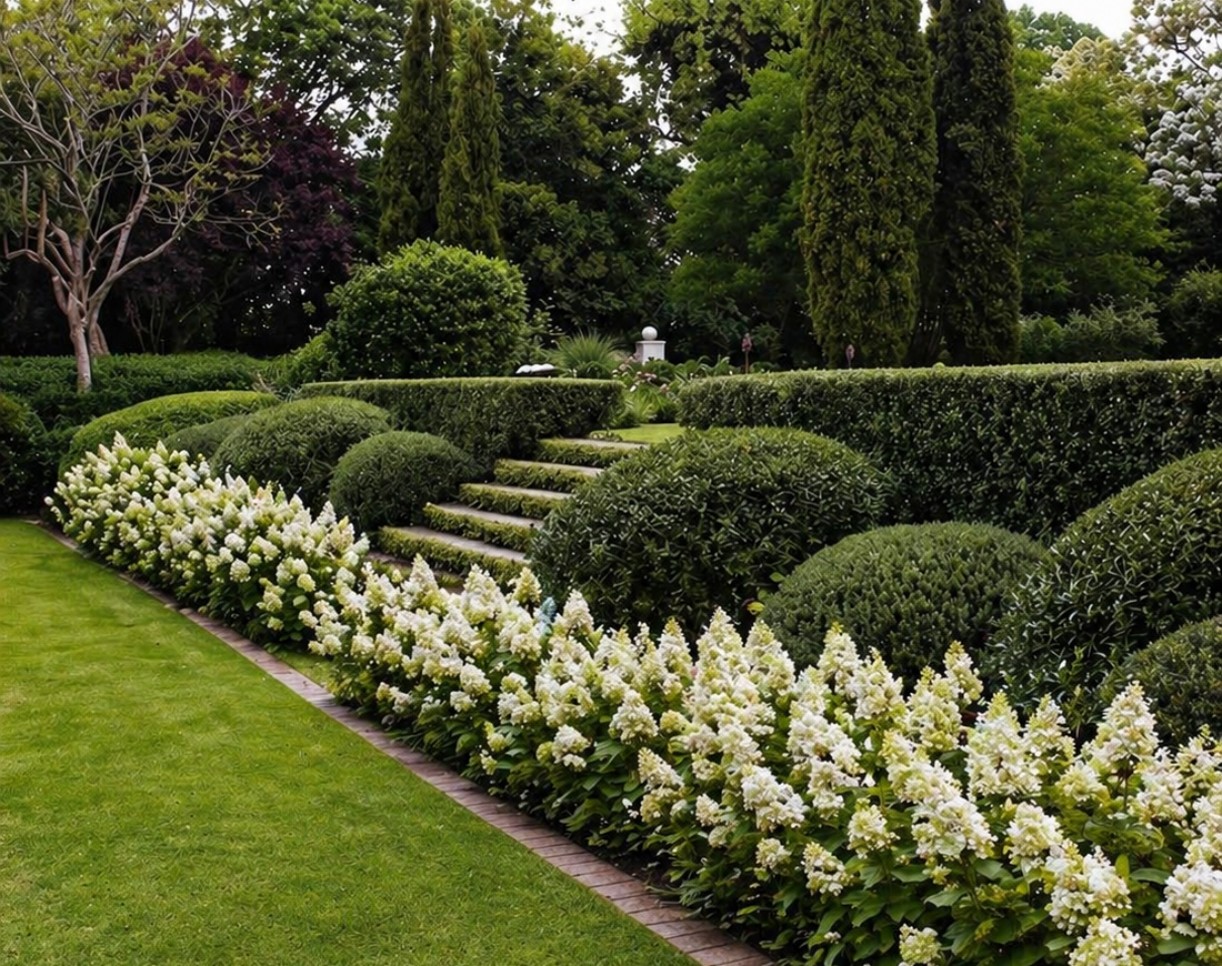 panicle hydrangea border, boxwoods, lush green grass, lawncare, landscape design in the hamptons