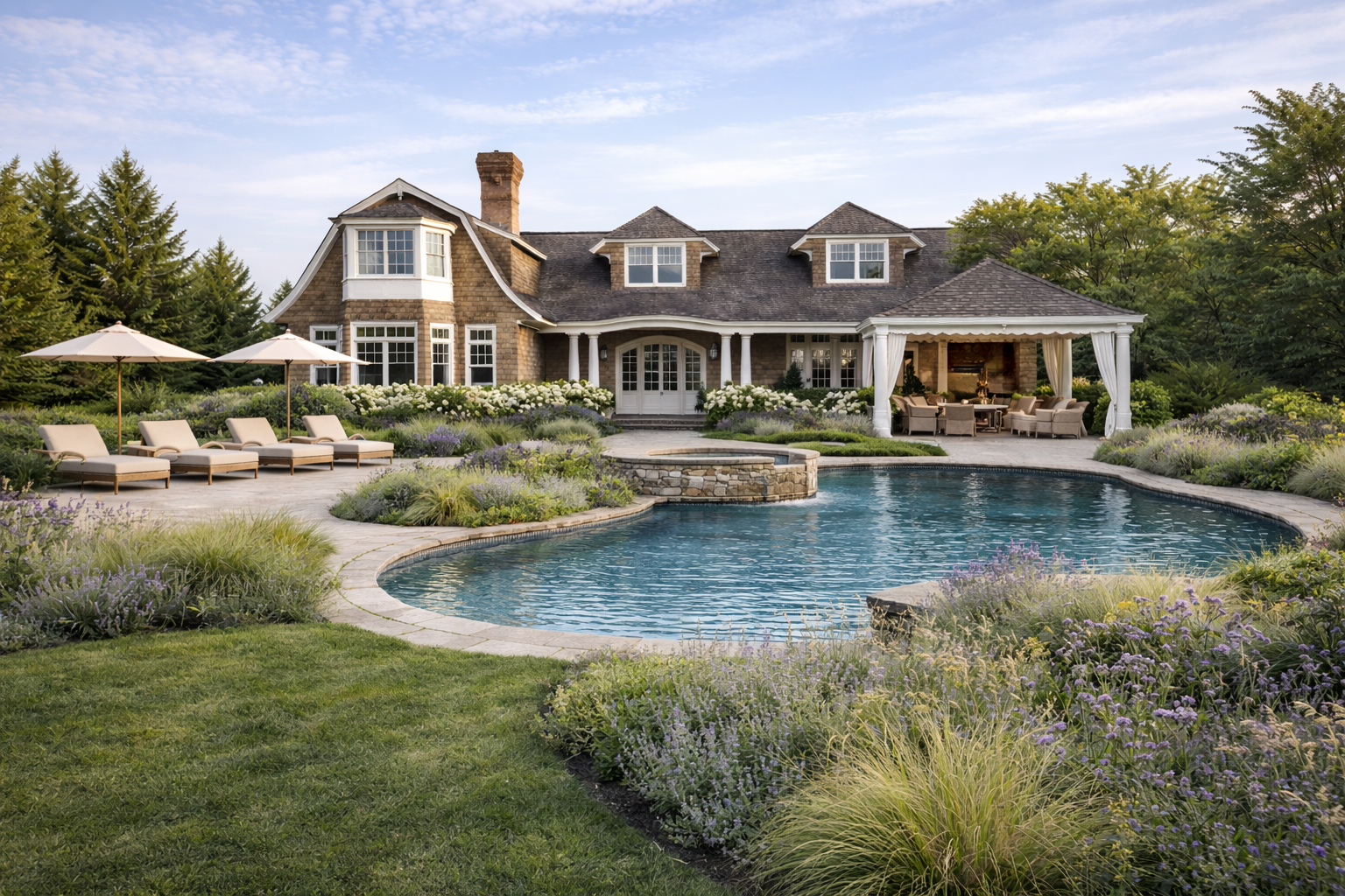 poolside landscape, poolscape, patio,deck, lounge, hamptons yard entryway, stone path. oceanview LANDSCAPE DETAILS, CREATIVE TOUCH, LANDSCAPE LIGHTING, SCREENING TREES IN THE HAMPTONS, SECURITY SERVICES, LIGHTING SERVICES, LANDSCAPE SERVICES. EASTHAMPTON, SOUTHAMPTON, WESTHAMPTON, SAG HARBOR planting seasonal coastal