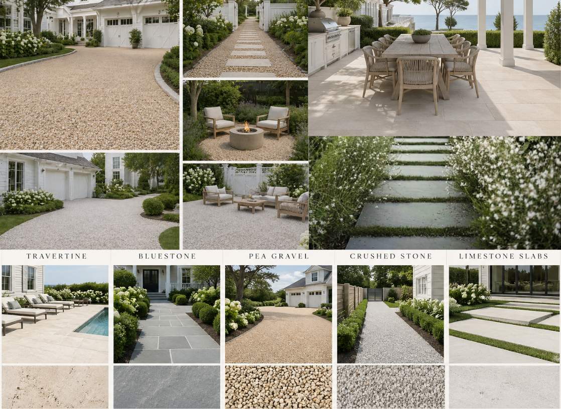 Hamptons Landscape and hardscapes. Stone & Pavers: Natural stone, bluestone, and pavers (e.g., Euro Classic) are used for patios, walkways, and, for a polished,,.Gravel: 3/8" pea gravel is preferred for driveways and pathways.Wood: Cedar and high-quality timber for pergolas and fencing.Walls: Retaining wall blocks and natural boulders are used for structural support and to create elevation.