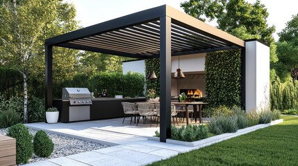 Luxury outdoor kitchen in the Hamptons with built-in grill, stone countertops, and custom masonry design