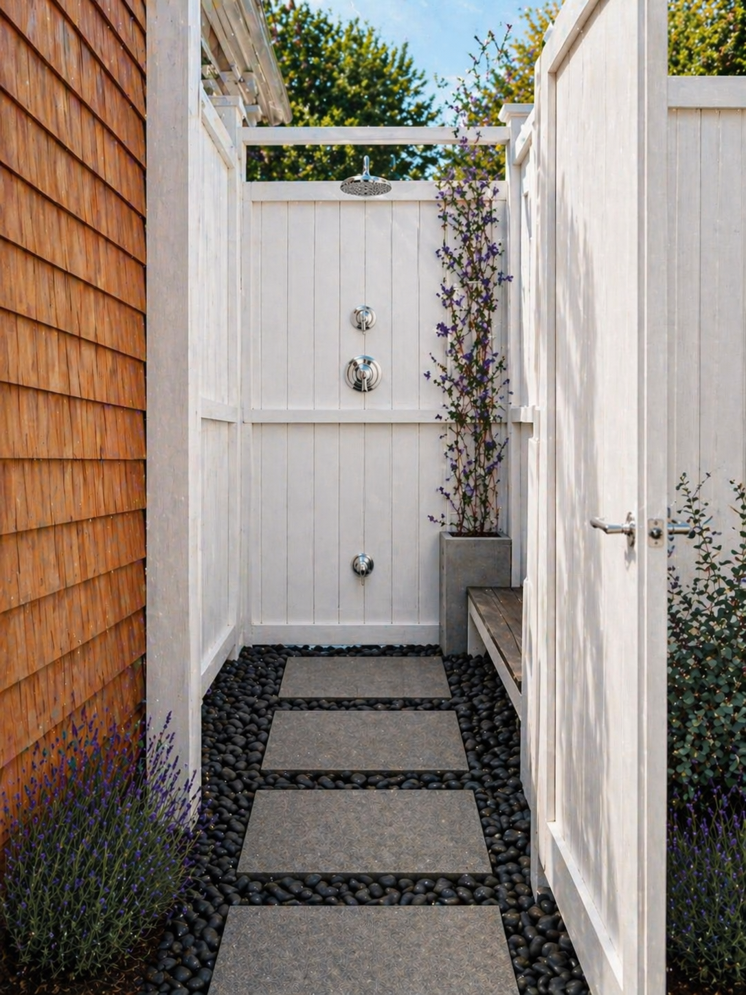 upgraded outdoor shower with natural insect repellent planting in the hamptons