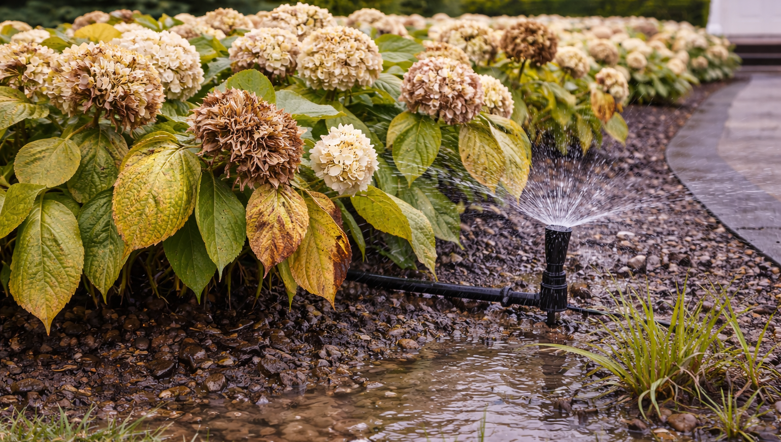 Overwatered Hamptons landscape garden with active irrigation sprinkler, saturated soil, standing water, and yellowing leaves across mixed plantings showing early signs of root stress, nutrient loss, and poor drainage in Southampton, East Hampton, Sagaponack, Bridgehampton, Water Mill, Wainscott, Amagansett, Sag Harbor, Westhampton, Quogue, Remsenburg, Hampton Bays, Montauk, Westhampton Beach, and North Haven, NY