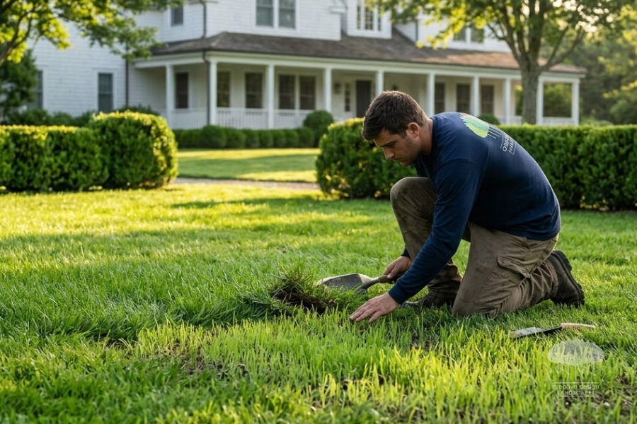 Creative Design Landscapes crew member checking overseeded grass growth on a luxury estate lawn. Surrounded by manicured hedges and soft autumn morning light, with a classic shingle home in the background.