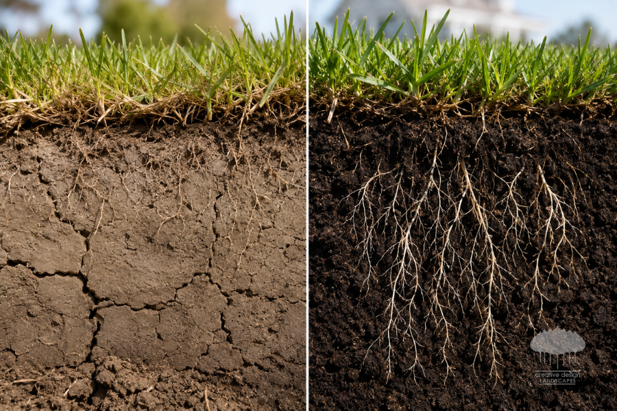 Cross-section comparison of compacted, cracked clay soil with shallow grass roots versus healthy, well-aerated soil with deep root growth, illustrating the importance of proper lawn soil health.
