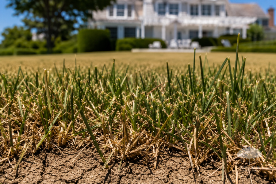 Close-up of cool-season grass turning from green to straw yellow during a summer heat wave, with dry cracked soil beneath and a luxury Hamptons home blurred in the background.