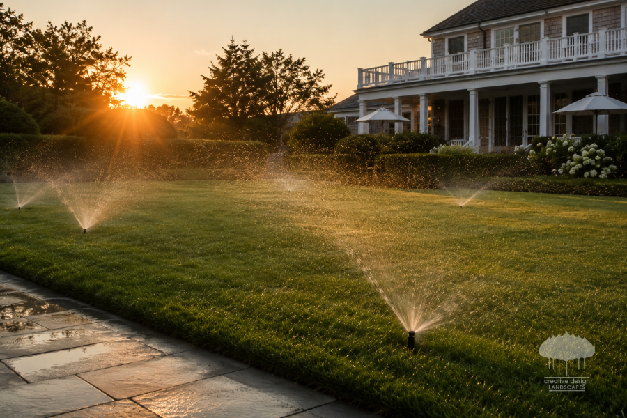 Early morning irrigation system watering a manicured Hamptons lawn as fine mist glows in the sunrise, demonstrating proper lawn watering practices during a summer heat wave.