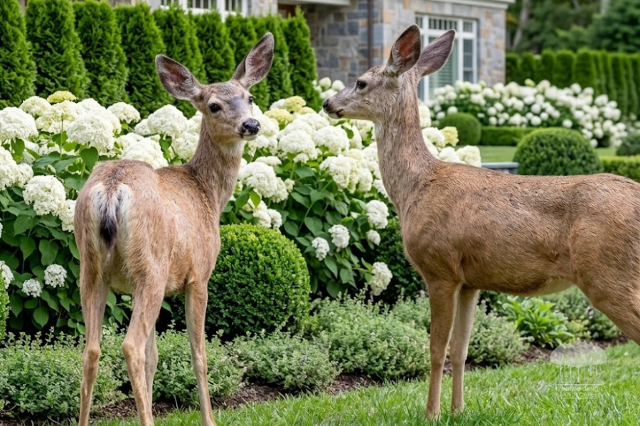 Two deer standing in a Hamptons garden with hydrangeas, illustrating the need for deer control treatments.