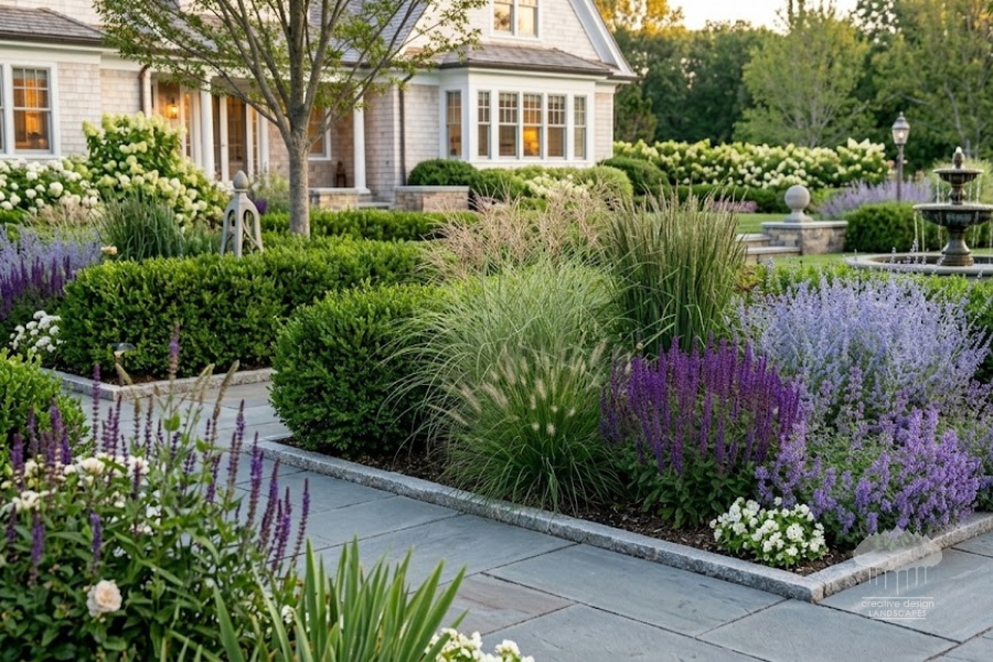 Hamptons garden with deer‑resistant plants like bayberry and salvia, part of long‑term deer control strategy.