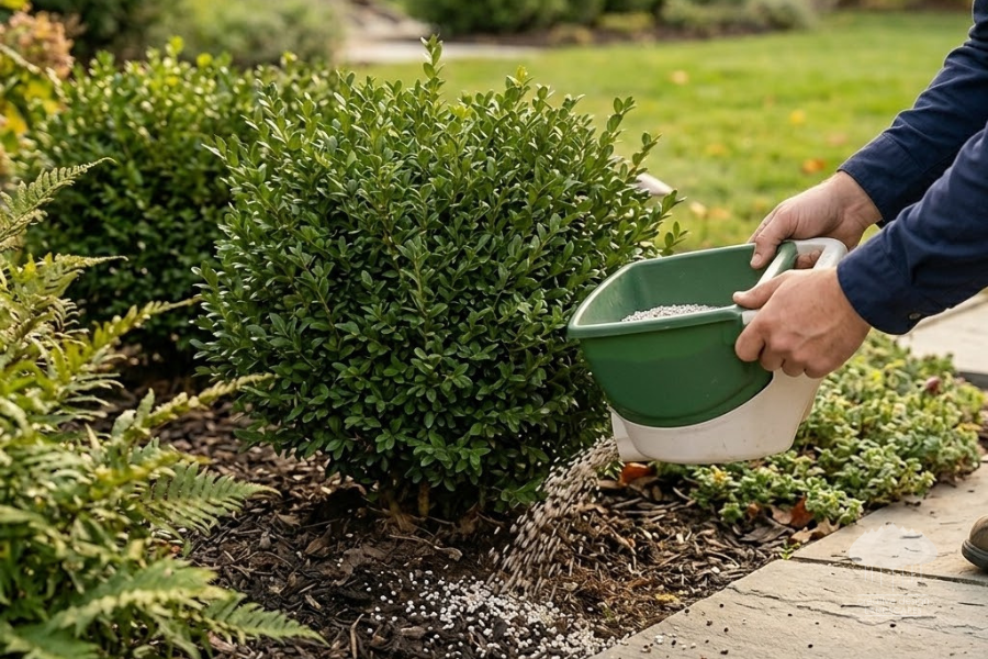 Fall garden maintenance with granular treatment, showing solutions for evergreens.