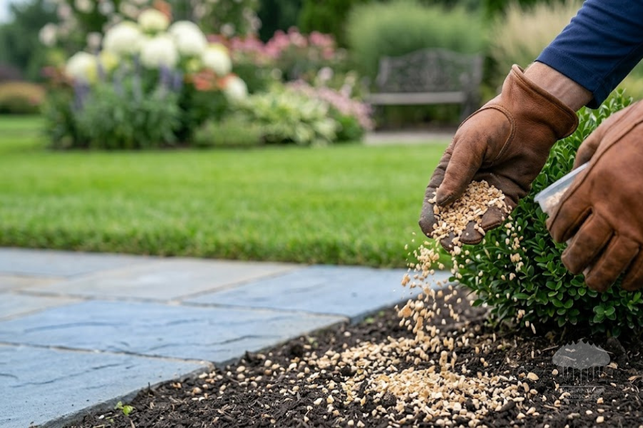 Gardener spreading granular repellent in landscaped Hamptons yard for deer control.