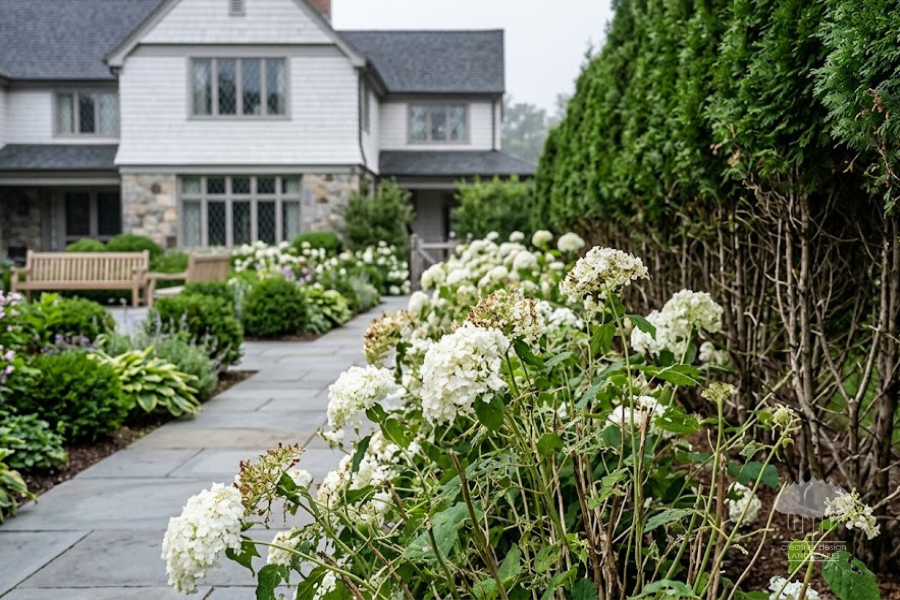 Landscaped Hamptons property with blooming hydrangeas, showing risks of delaying deer control treatments.