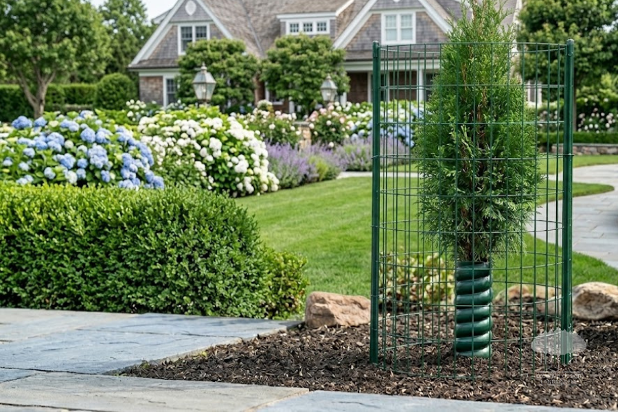 Protective wrapping and fencing used in Hamptons landscaping for effective deer control.