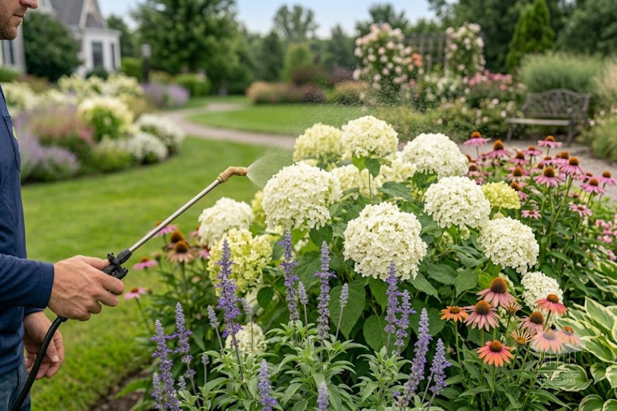 Protecting hydrangeas and salvia with liquid spray, showing Hamptons deer control solutions.