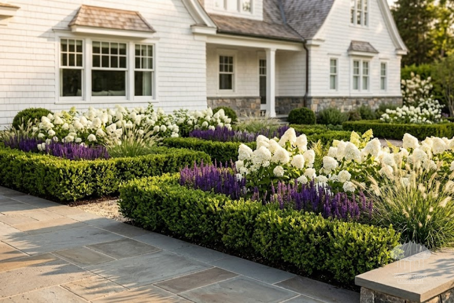 Landscaped yard in Hamptons with ornamentals, highlighting deer control strategies during summer.