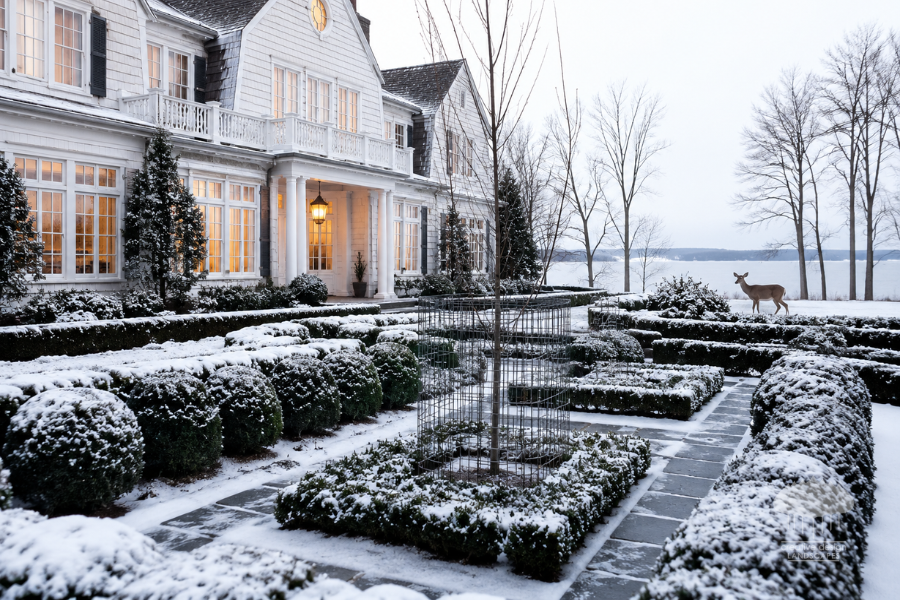 Snow‑covered Hamptons garden with evergreen shrubs and deer nearby.