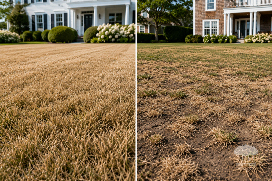 Side-by-side comparison of two Hamptons properties showing dormant brown grass that remains alive and structured versus dead, patchy grass with exposed soil, illustrating how to distinguish lawn dormancy from permanent heat damage.