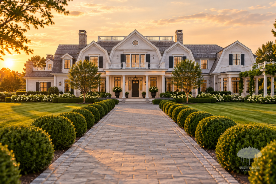 Season-Ready grand white shingle Hamptons property with manicured entrance drive at golden hour.