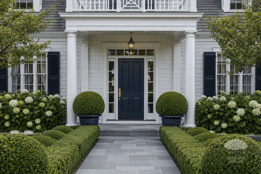 Symmetrical entrance of a white shingle Hamptons home with navy door and boxwood planters