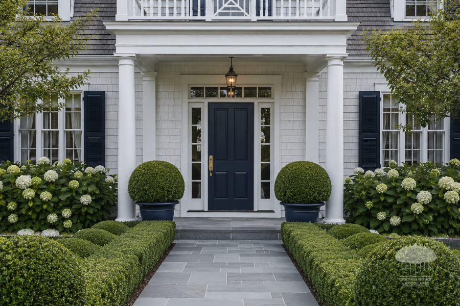 Symmetrical entrance of a white shingle Hamptons home with navy door and boxwood planters