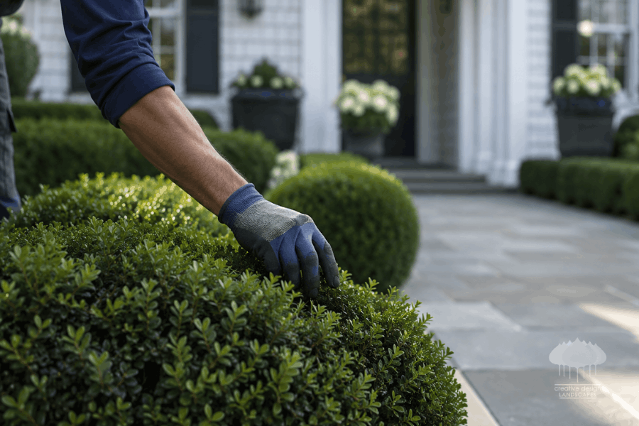 Season‑Ready hedge maintenance detail at Hamptons estate entrance