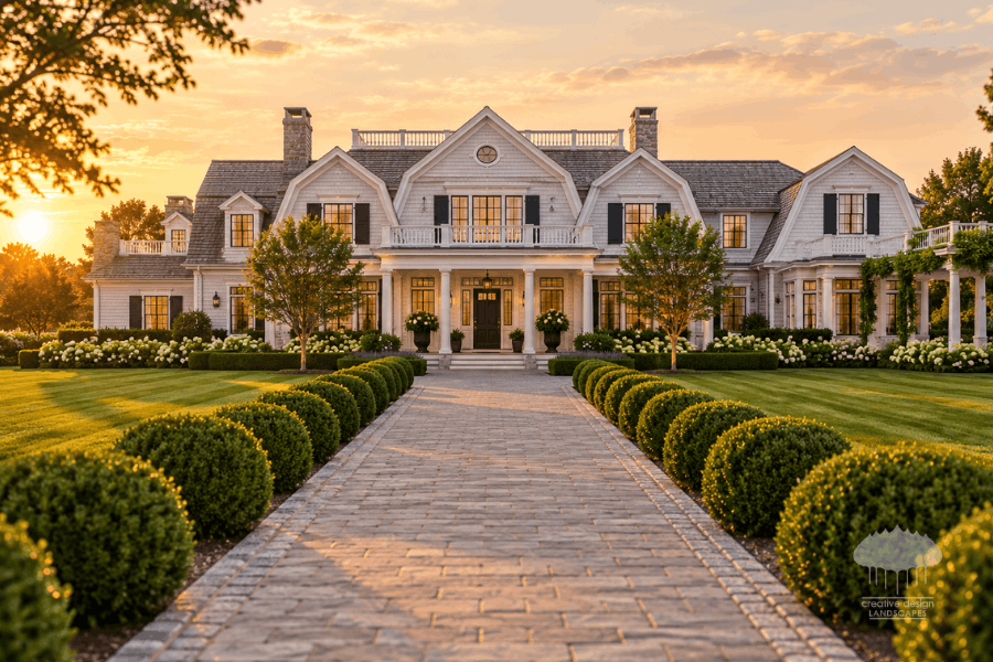 Season-Ready grand white shingle Hamptons property with manicured entrance drive at golden hour.