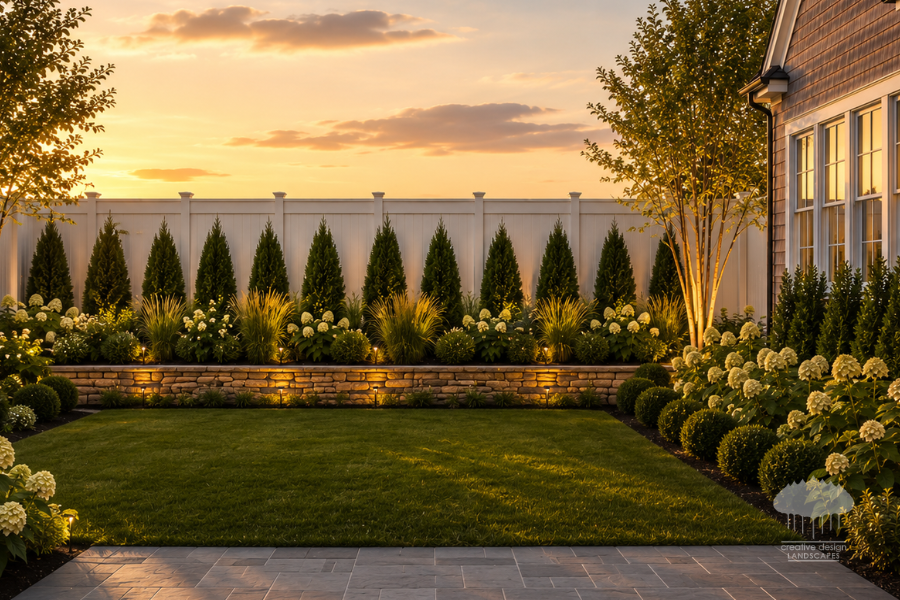 Layered evergreen privacy hedge with white hydrangeas along a Hamptons garden path