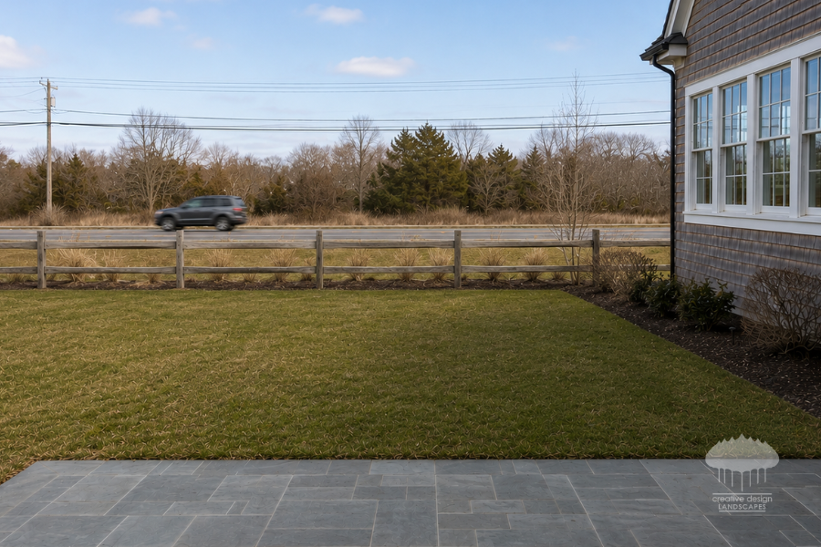 Before and after comparison of an open Hamptons yard and a screened, private outdoor living space
