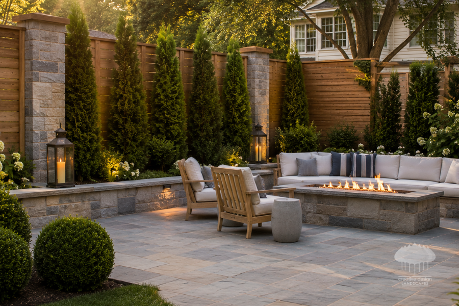 Wood privacy fence with stone pillars and evergreen screening around a Hamptons fire pit patio