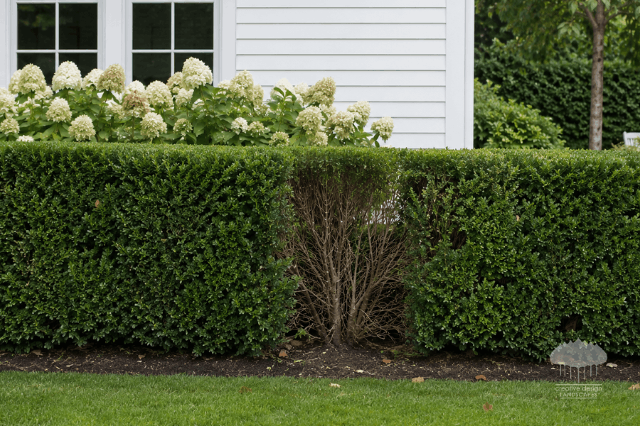 A boxwood hedge line with a thin, gapped section in need of transplanting or replacement.