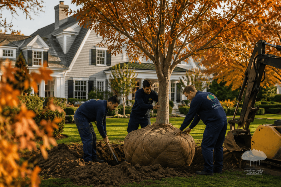 Landscaping crew installing a burlap-wrapped tree during Hamptons fall transplanting on a shingle-style estate property
