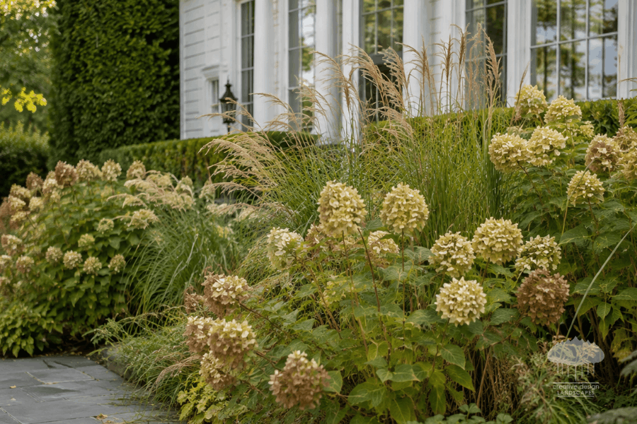Mature hydrangeas and ornamental grasses in a beautifully designed Hamptons garden display fading blooms and spent flower heads during the transition from late summer to fall, reinforcing that a missed season is easy to see in thoughtful Hamptons seasonal landscaping.