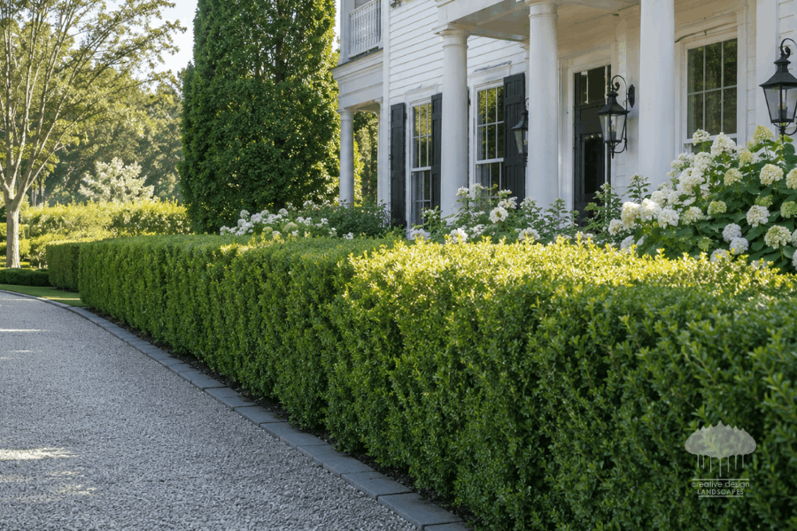 Luxury Hamptons estate featuring a mature boxwood hedge bordering a formal driveway. The landscape remains elegant and healthy, while slightly overgrown new growth illustrates how a missed season is easy to see in professional Hamptons seasonal landscaping.