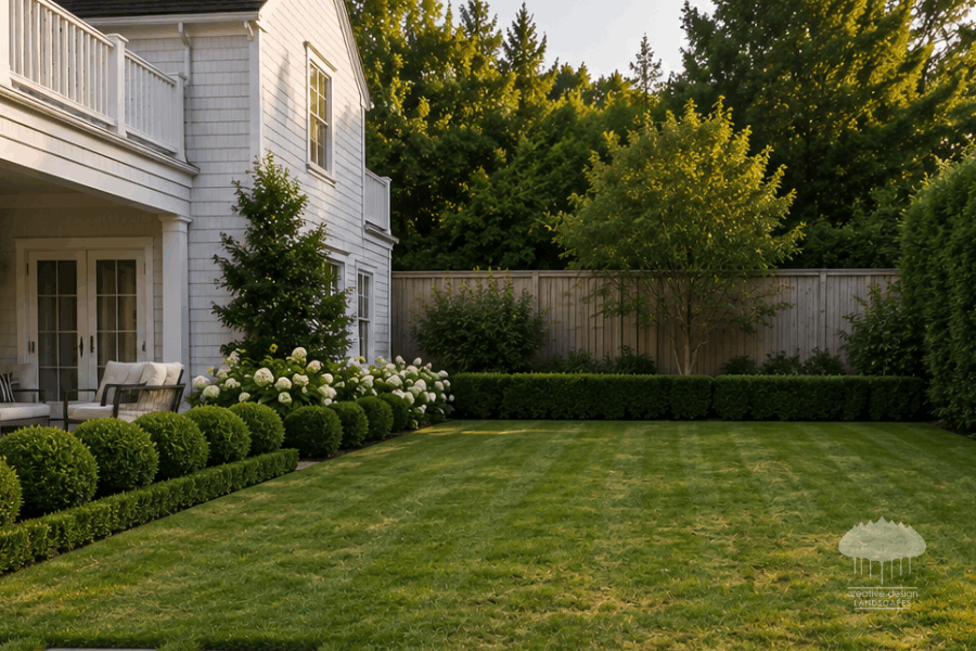 A beautifully maintained backyard at a Hamptons estate features striped turf, formal boxwood borders, and hydrangea plantings. Minor variations in the lawn reinforce that a missed season is easy to see in luxury Hamptons seasonal landscaping.