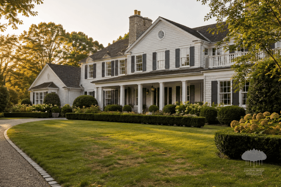 Luxury Hamptons estate with a formal front lawn, clipped boxwood hedges, and mature foundation plantings. Subtle discoloration in the turf shows how a missed season is easy to see in professional Hamptons seasonal landscaping.