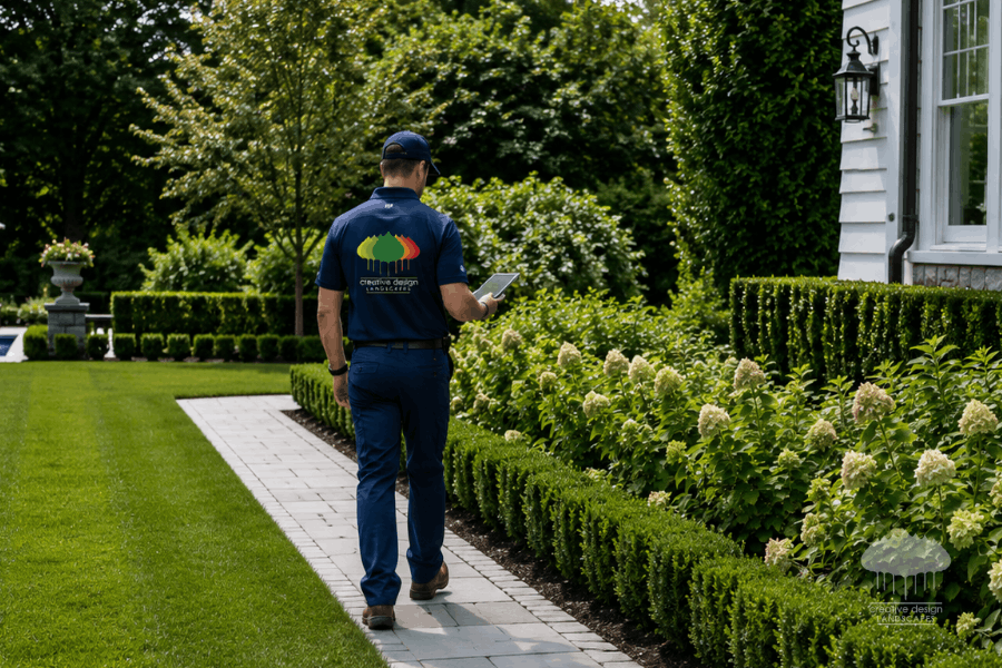 A landscape professional wearing a navy-blue Creative Design Landscapes uniform walks along a bluestone pathway through a pristine Hamptons estate. The scene emphasizes ongoing property stewardship and demonstrates that a missed season is easy to see in luxury Hamptons seasonal landscaping.