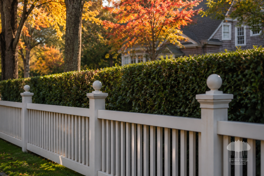 White privacy fence and hedge in autumn, privacy as part of the landscape