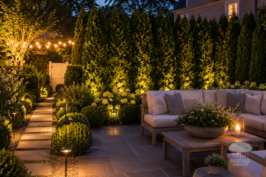 privacy is part of landscape, String lights and evergreen screening at night, privacy built into the landscape