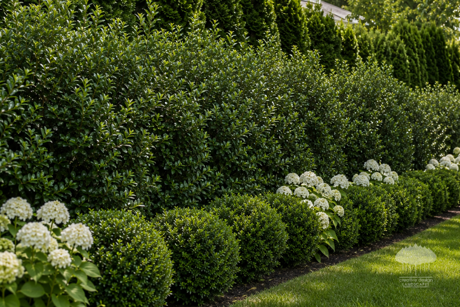 Privacy is part of the landscape: layered evergreen hedge with boxwood and white hydrangeas along a Hamptons walkway