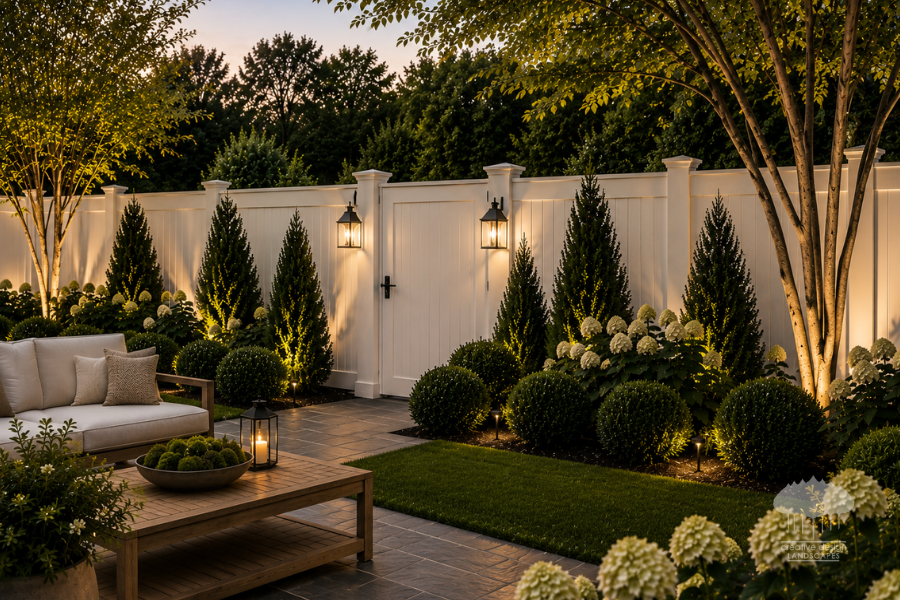 White privacy fence and lantern-lit lounge where privacy is part of the landscape