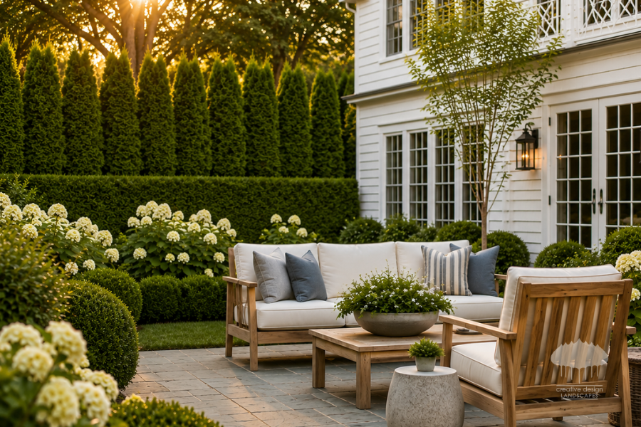 Private Hamptons patio framed by layered evergreen hedge and hydrangeas at golden hour