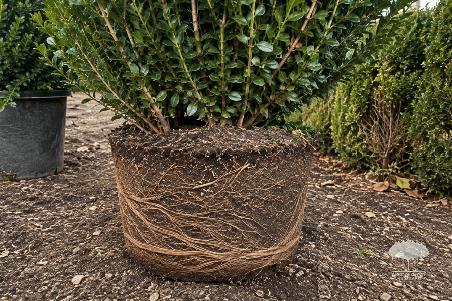 Hamptons fall transplanting. A boxwood hedge line with a thin, gapped section in need of transplanting or replacement