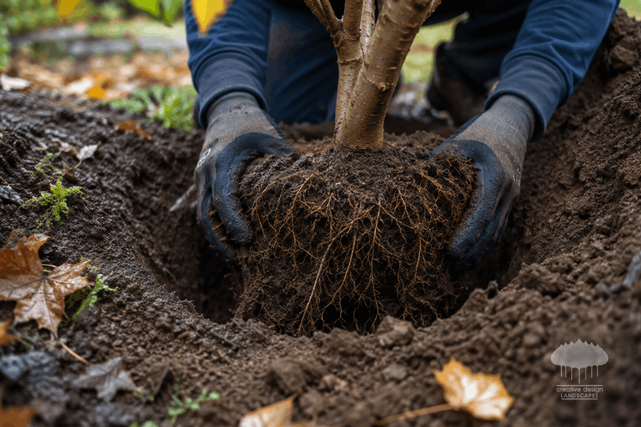 Close-up of a tree's root system being placed into freshly dug soil during Hamptons fall transplanting.