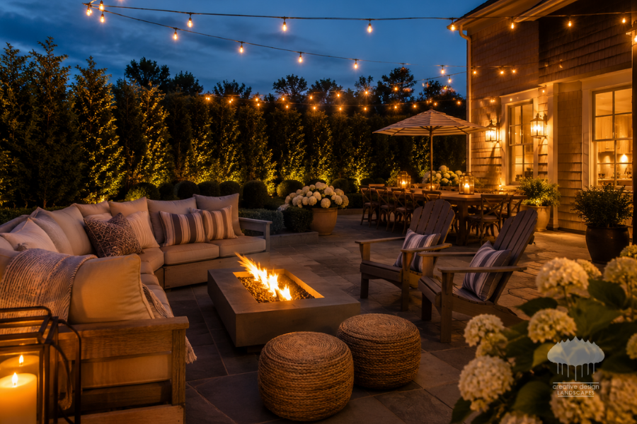 Hamptons outdoor patio set up for evening entertaining with string lights and seating