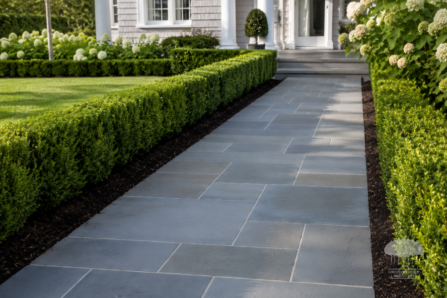Bluestone walkway and boxwood hedges for guest-ready Hamptons landscaping