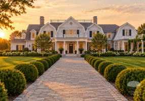Season-Ready grand white shingle Hamptons property with manicured entrance drive at golden hour.