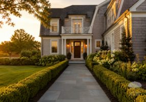 Guest-ready Hamptons landscaping with manicured entrance and warm evening lighting