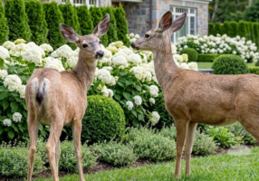 Two deer standing in a Hamptons garden with hydrangeas, illustrating the need for deer control treatments.